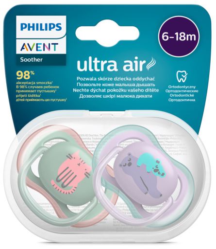 Ultra Air Pacifiers Animals Pastel Colors 6 to 18 Months 2 units